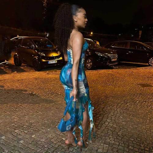 Celebrities Print Patchwork Backless Slit Flounce Strapless Irregular Dresses