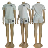 Women's Embossed + Embroidered Short Sleeve Shorts Set (Including knitted Belt)