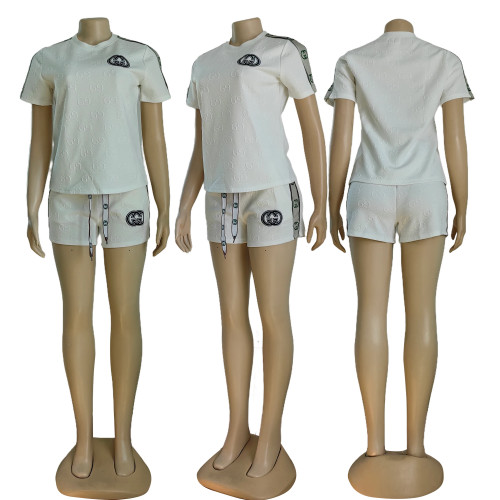 Women's Embossed + Embroidered Short Sleeve Shorts Set (Including knitted Belt)