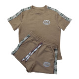 Women's Embossed + Embroidered Short Sleeve Shorts Set (Including knitted Belt)