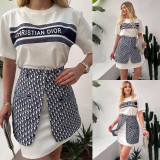 Casual Printed Short Sleeve T-shirt + Mini Skirt Two-piece Set