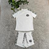 Women's Embossed + Embroidered Short Sleeve Shorts Set (Including knitted Belt)