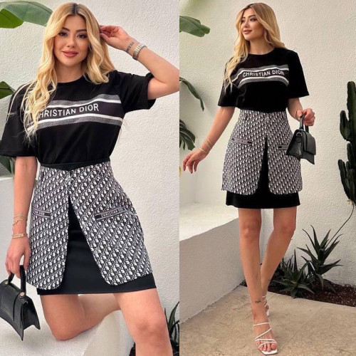 Casual Printed Short Sleeve T-shirt + Mini Skirt Two-piece Set