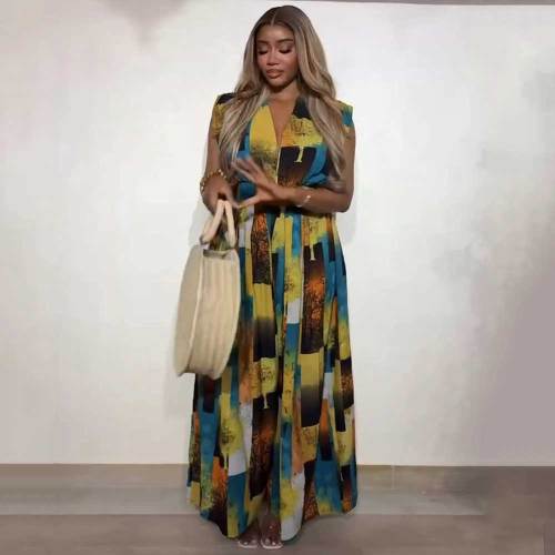 Casual Print Patchwork V Neck Regular Sleeveless Jumpsuits