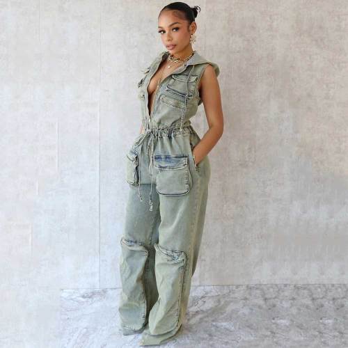 Women Denim Sleeveless Zipper Elastic Waist Cargo Hooded Jumpsuits with Pockets