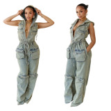 Women Denim Sleeveless Zipper Elastic Waist Cargo Hooded Jumpsuits with Pockets
