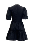 Solid Color Hollow Out Ruched Patchwork V Neck A Line Dresses