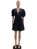Solid Color Hollow Out Ruched Patchwork V Neck A Line Dresses