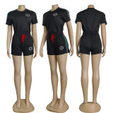 Simple Embroidered Short Sleeve Shorts Outfits Ensemble for Women