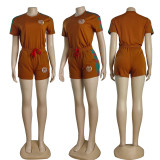 Simple Embroidered Short Sleeve Shorts Outfits Ensemble for Women