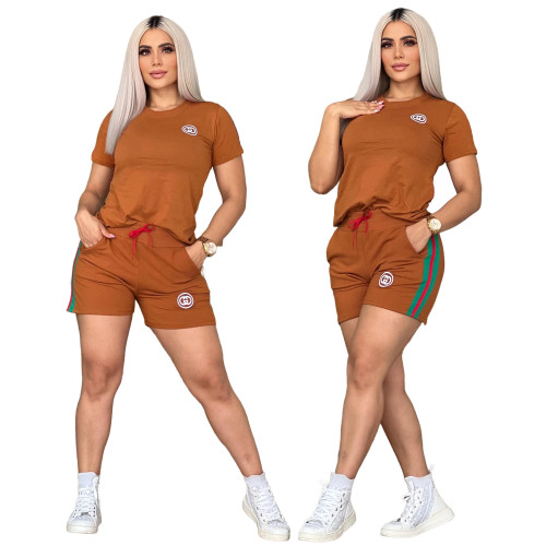 Simple Embroidered Short Sleeve Shorts Outfits Ensemble for Women