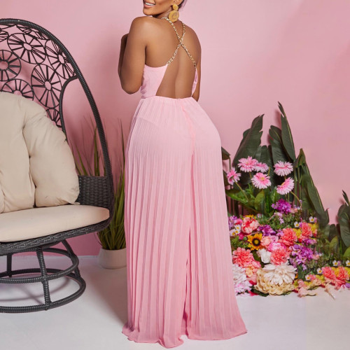 Sexy Chain Halter High Waist Backless Wide Leg Pleated Jumpsuit
