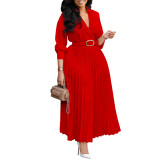 2024 New Spring Solid Color V-neck 3/4 Sleeve Office Dress with Belt