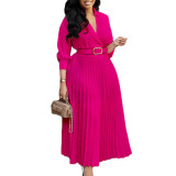 2024 New Spring Solid Color V-neck 3/4 Sleeve Office Dress with Belt
