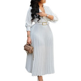 2024 New Spring Solid Color V-neck 3/4 Sleeve Office Dress with Belt