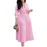 2024 New Spring Solid Color V-neck 3/4 Sleeve Office Dress with Belt
