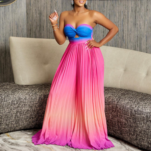 Sexy Tube Top Backless Gradient Color Wide Leg Strapless Jumpsuit