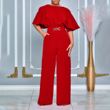 Fashion Round Neck Solid High Waist African Wide Leg Jumpsuit