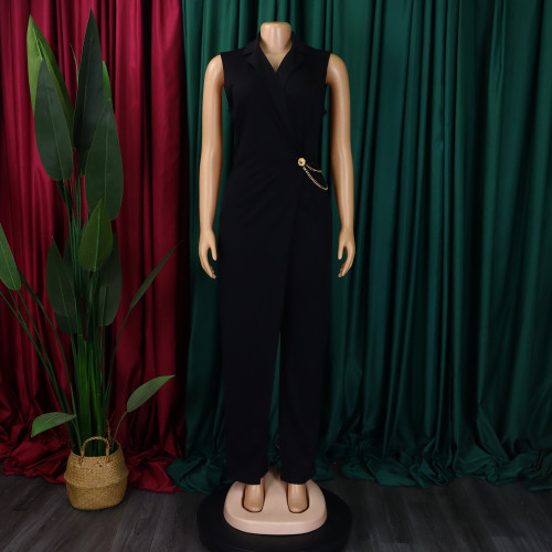 Plain Sleeveless Waist Chain Lapel African Wrapped Straight Leg Jumpsuit