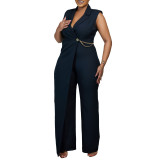 Plain Sleeveless Waist Chain Lapel African Wrapped Straight Leg Jumpsuit