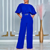Fashion Round Neck Solid High Waist African Wide Leg Jumpsuit