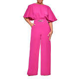 Fashion Round Neck Solid High Waist African Wide Leg Jumpsuit