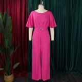 Fashion Round Neck Solid High Waist African Wide Leg Jumpsuit