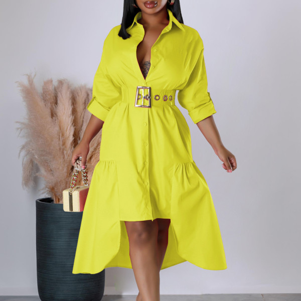 Solid Lapel Button Irregular Shirt Dresses