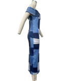 Off-shoulder Faux Denim Print Mid Dress