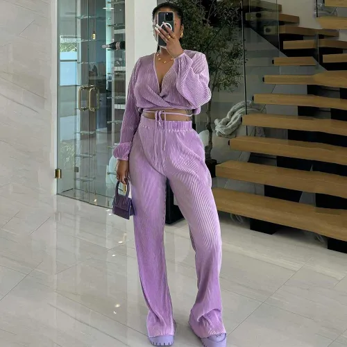Casual Lace-up Pleated Wide-leg Pants Set