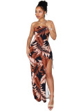 Summer Print Split Dress Strapless Cut Out Ruched Maxi Dresses