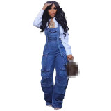 Casual Overalls Loose Straight Leg Multi-pocket Sling Denim Jumpsuit