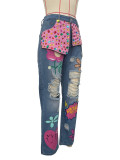 Fashion Hot Drilling Printed Ripped Jeans