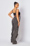 Casual Overalls Loose Straight Leg Multi-pocket Sling Denim Jumpsuit