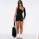 Solid Color Backless Halter Single Shoulder Sports Short Rompers