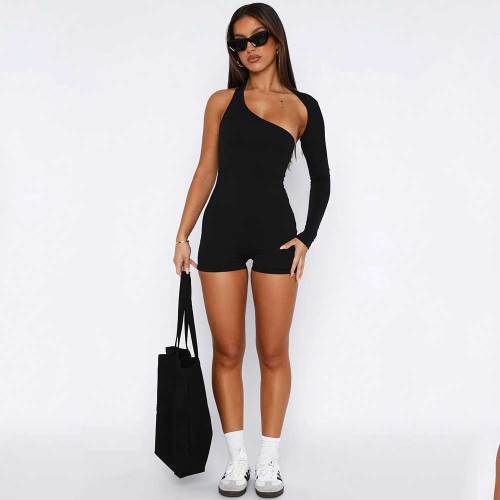 Solid Color Backless Halter Single Shoulder Sports Short Rompers