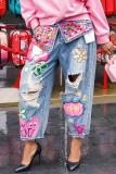 Fashion Hot Drilling Printed Ripped Jeans