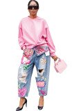 Fashion Hot Drilling Printed Ripped Jeans