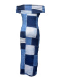 Off-shoulder Faux Denim Print Mid Dress