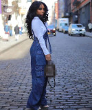 Casual Overalls Loose Straight Leg Multi-pocket Sling Denim Jumpsuit