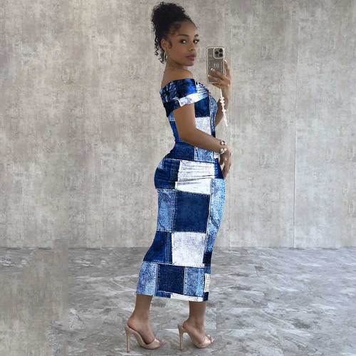 Off-shoulder Faux Denim Print Mid Dress