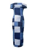 Off-shoulder Faux Denim Print Mid Dress