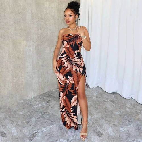 Summer Print Split Dress Strapless Cut Out Ruched Maxi Dresses