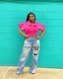 Women's Y2K Straight Leg Trousers Ripped Denim Distressed Jeans