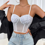 Sexy Mesh Sequin Steel Ring Fishbone Low Cut Slimming Sling Corset Top