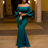 Sexy Off Shoulder Dinner Party Bodycon Ruffles African Mermaid Maxi Dress