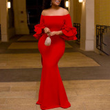 Sexy Off Shoulder Dinner Party Bodycon Ruffles African Mermaid Maxi Dress