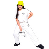 Simple Embroidered Casual Sports Round Neck Wide Leg Pants Set