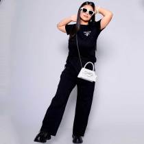 Simple Embroidered Casual Sports Round Neck Wide Leg Pants Set