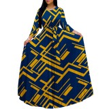 Casual Print O Neck Long Sleeve Maxi Dresses